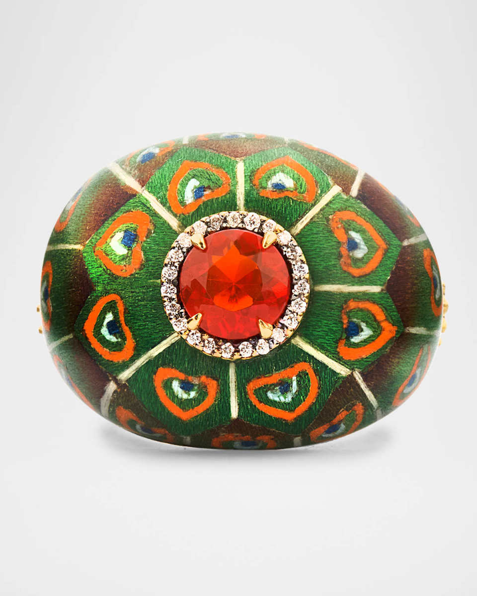 18K Yellow Gold Peacock Feather Marquetry Statement Ring with Diamonds and Fire Opal